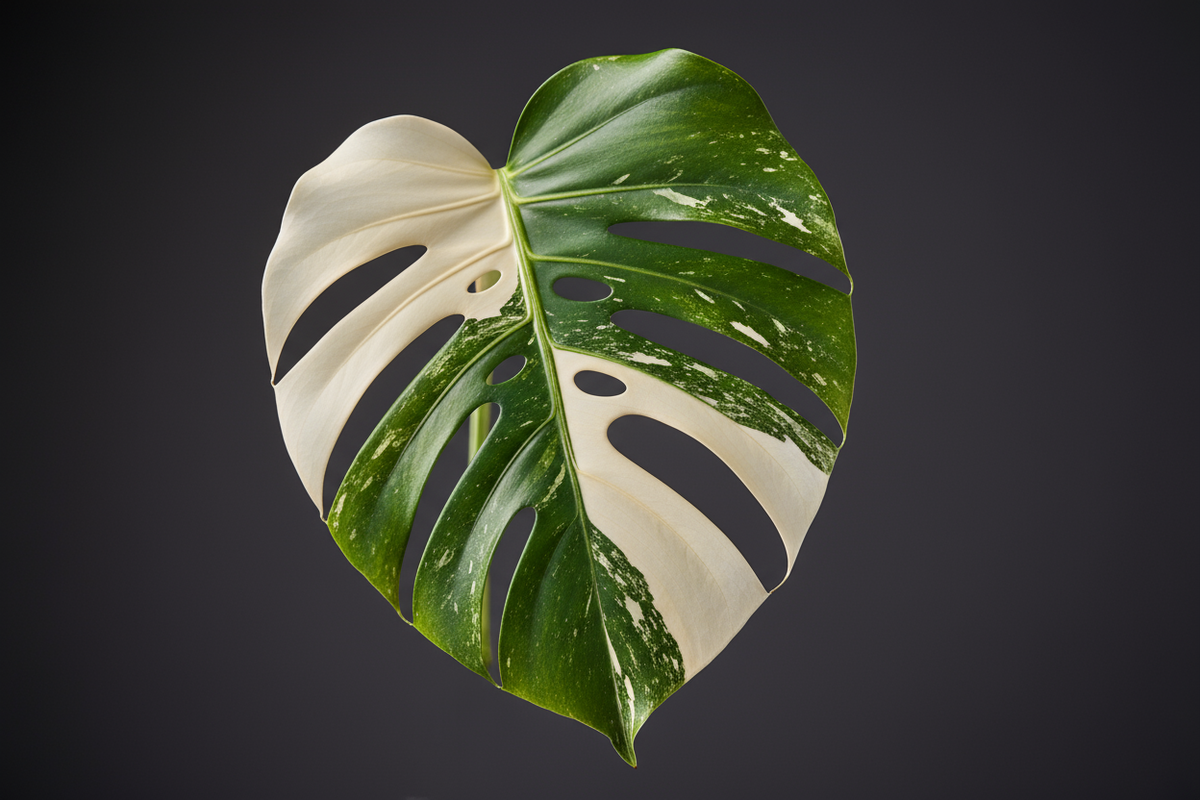 variegated monstera leaf, dark grey background 